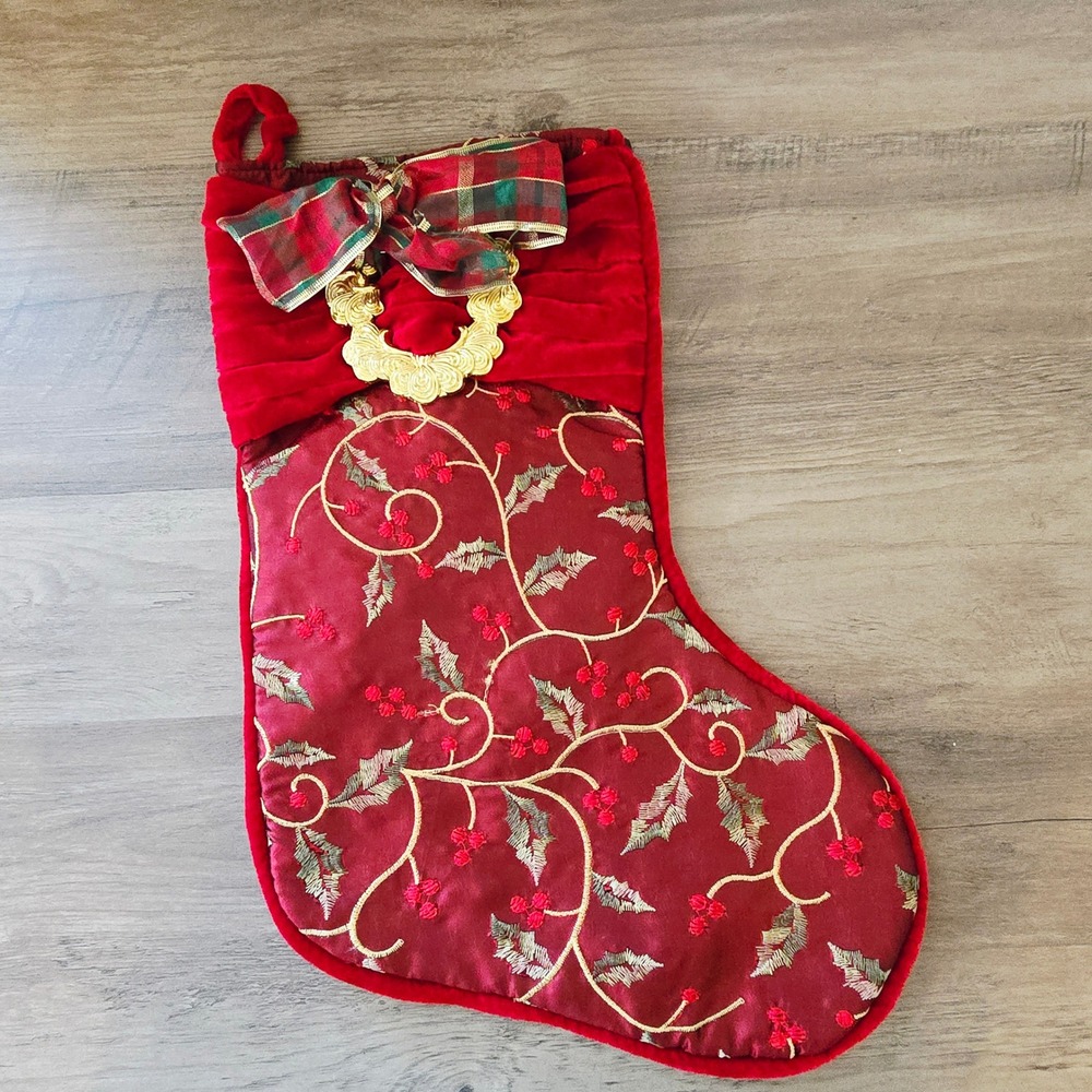 Elegant Christmas Stocking Red Velvet Holly Berry Embroidery Gold Bow Accent